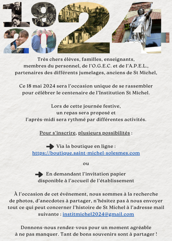 Invitation Centenaire de l'Institution St Michel -